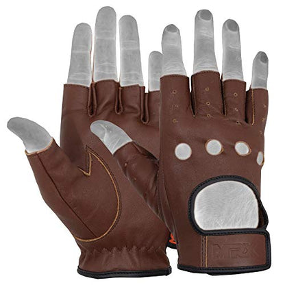 MRX BOXING & FITNESS Mens Driving Gloves Basic Soft Goat Leather Fingerless Breathable Biker Motorcycle Cycling Shooting - color: Half-finger-brown/Strap, size: Medium