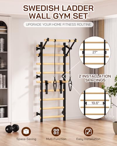 Swedish Ladder Wall Gym, Wooden Wall-Mounted Stall Bars with Pull-up Bar & Exercise Straps & Dip Bars, Stretching Ladder Full Body Home Gym Adults New