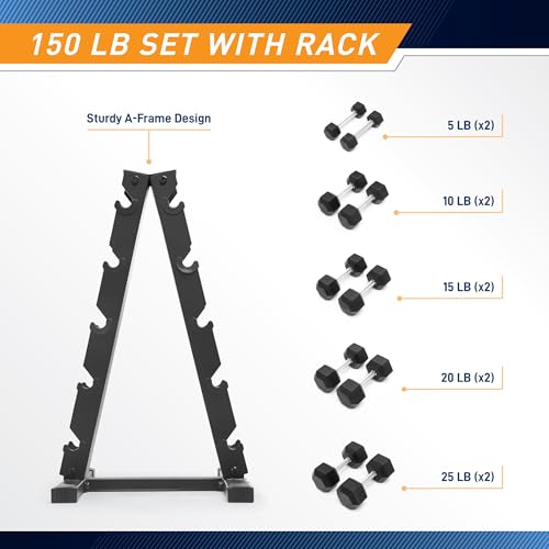 Marcy Classic Rubber Hex Dumbbell with Knurled Grip for Strength Training and Bodybuilding, 5lb - 50lb Single Dumbbell for Exercise & Fitness, Sold Individually - style: 150lb Set with Rack