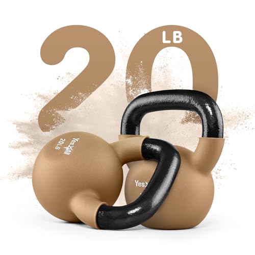 Yes4All Kettlebell, 5-65 LB Neoprene Coated Cast Iron Kettlebells, Wide Grip Handle & Flat Bottom for Swings, Squats, Deadlifts, Push Ups & Full Body Training at Home Gym - Single & Set - color: F. 20LB - Iced Latte, style: A. Single