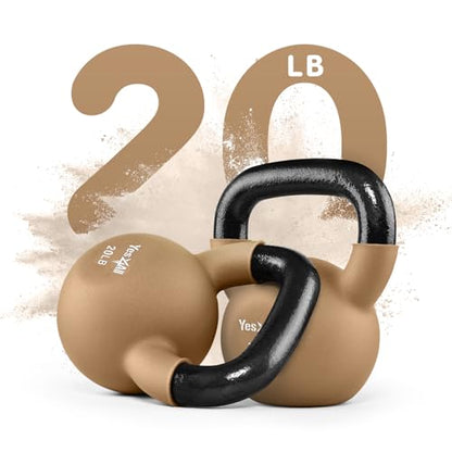 Yes4All Kettlebell, 5-65 LB Neoprene Coated Cast Iron Kettlebells, Wide Grip Handle & Flat Bottom for Swings, Squats, Deadlifts, Push Ups & Full Body Training at Home Gym - Single & Set - color: F. 20LB - Iced Latte, style: A. Single