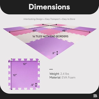 BalanceFrom 16-Pack 12x12 Inches EVA Interlocking Foam Play Tile Mat, Pink/Purple/Beige – 0.4-Inch Thick Non-Slip Puzzle Flooring for 16 Square Feet in Playroom, Nursery, or Playpen at Home