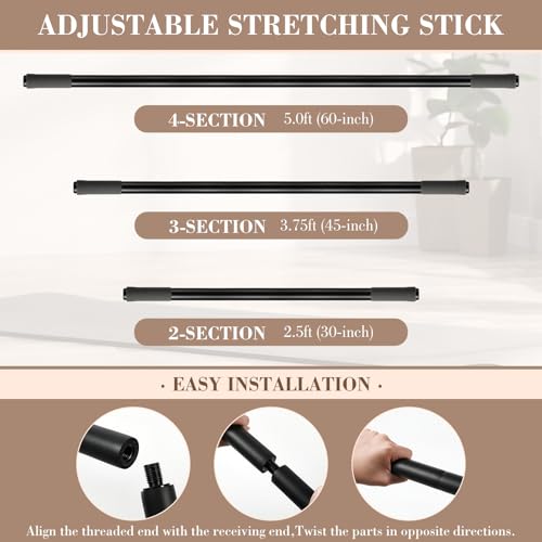 4 Pcs Adjustable Yoga Stick (30/45/60 In) with Exercise Strap Yoga Blocks Exercise Rod Workout Staff 60 Inch Sturdy Carbon Steel Stretching Stick with Non Slip Ends for Physical Pilates