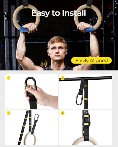 Gymnastics Rings 32mm Wooden Olympic Rings Support 1500lbs Locked Carabiners 9ft Double-Layer Numbered Straps Non-Slip Gym Rings with Foot Straps Door Anchor for Home Gym Full Body Workout - style: 01-1.25" Buckle Rings & Straps & Door Anchor & Foot Strap
