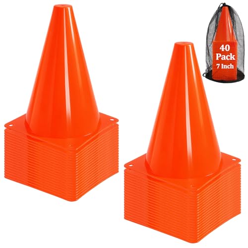 40 Pack Plastic Training Cones, 7 Inch Plastic Soccer Cones, Agility Marker Cone Traffic Cone for Basketball, Football, Skating Drills Practice, Indoor and Outdoor Games