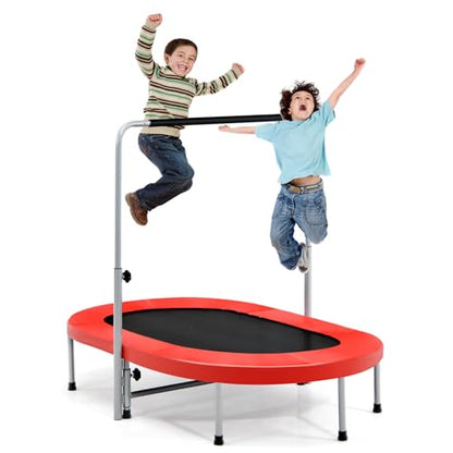 KOTEK Mini Foldable Trampoline for Kids, Double Fitness Trampoline with 5-Level Adjustable Handle Bar & Safety Pad, Toddler Trampoline for Indoor Outdoor Parent-Child Twins Use, Max Load 330 Lbs