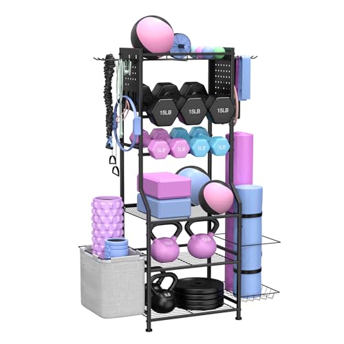 Dumbbell Rack, Home Gym Storage for Kettlebells, Yoga Mat & Strength Training Equipment, Weight Rack With Peg Board Organizer, Workout Gym Equipment Storage - color: Black