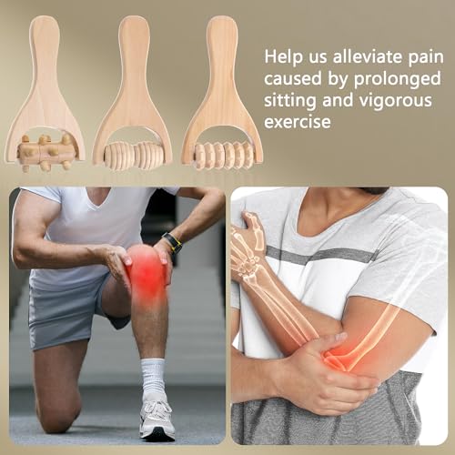 Abeillo 3Pcs Wood Therapy Massage Tools Wooden Massage Rollers, Hand Massage Tools Manual Muscle Roller Stick for Relaxes Thigh, Leg, Hands Full Body Muscle Men Women
