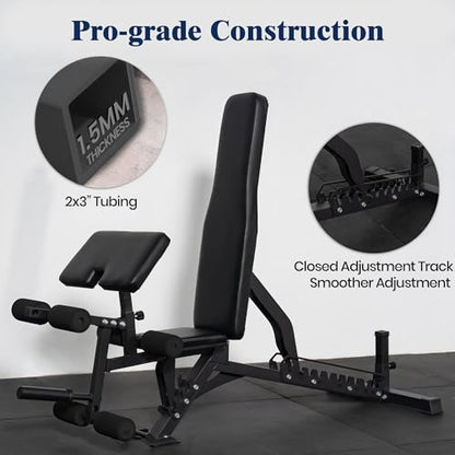 Adjustable Weight Bench, Adjustable Flat Incline Decline Home Gym Bench, Heavy-Duty 12-Gauge Steel Frame with Leg Extension and Preacher Pad for Small Space Apartment Room