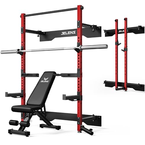 JELENS FS01 Folding Squat Rack, Wall Mounted Power Rack for Home Gym, Space Saving Multi-Functional Power Cage with More Attachments - color: Red, size: FS01 Home Gym Package