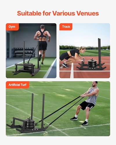 VEVOR Football Sleds and Chutes, Weight Sled, Football Training Pull Push Running Sled, Fitness Workout Sled Push Gym Equipment, Adjustable Height Handle, Compatible 1/2 in Weight Plates - style: Multi Handle-BK