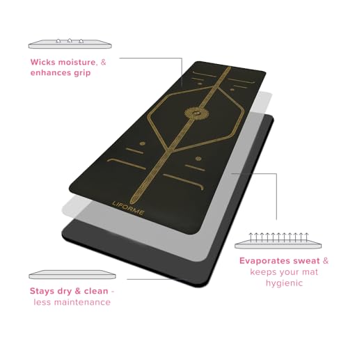 Liforme Travel Yoga mat – Patented Alignment System, Warrior-Like Grip, Non-Slip, Eco-Friendly, Ultra-Lightweight and Sweat Resistant, Made with Natural Rubber - color: Black & Gold