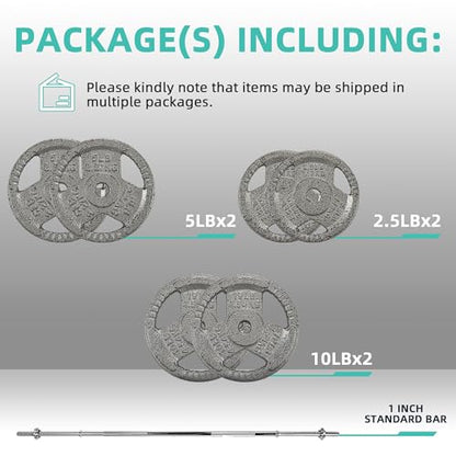 Fitvids Cast Iron Standard Weight Plates Including 5FT Standard Barbell with Star Locks, 45-Pound Set (35 Pounds Plates + 10 Pounds Barbell), Multiple Styles - style: Style #1