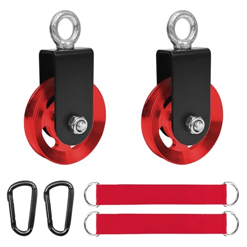 LFJ Aluminum Alloy Cable Pulley with Swing Strap Carabiner, 90mm Pulley Wheel for LAT Pulley System DIY Pull Down Attachment,Ladder Lift,Home Gym Equipment - color: Red-2Pack