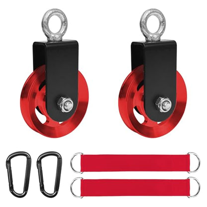 LFJ Aluminum Alloy Cable Pulley with Swing Strap Carabiner, 90mm Pulley Wheel for LAT Pulley System DIY Pull Down Attachment,Ladder Lift,Home Gym Equipment - color: Red-2Pack