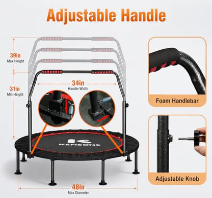KENSONE 40"/48" Foldable Mini Trampoline, Indoor Trampoline for Kids, Adults Indoor/Garden Workout, Fitness Rebounder with Adjustable Foam Handle, Max Load 330/450 lbs - size: 48"