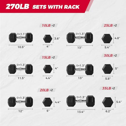 RitFit Rubber Coated Hex Dumbbell Set with Rack, 5-780LB for Home Gym Strength Training, Anti-Slip Knurled Handle, Hexagon Anti-Roll, Heavy-Duty Storage Rack - style: 270 LB Set（10-35LB)