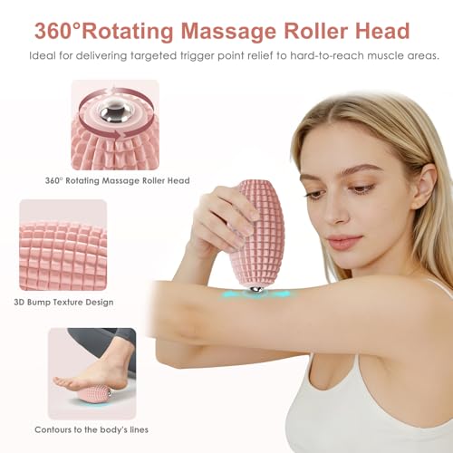 Silicone Vibrating Massage Ball with Rolling Head, 3-Speed Myofascial Massage Roller for Plantar Fasciitis Relief, Hip & Psoas Release, Trigger Point Therapy for Neck, Back, Foot (Pink)
