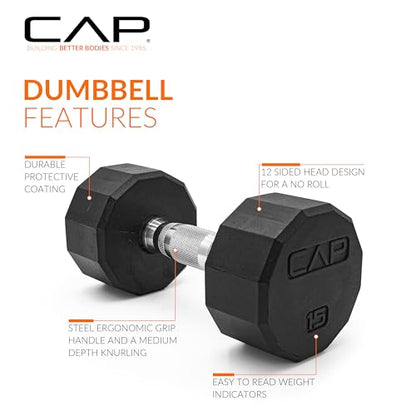 CAP Rubber Coated Dumbbell Weights, Free Weights for Home Gym Strength Training, Anti-Roll Hex Dumbbells with Black, Chrome & Comfort Grip Handles, Pairs & Sets - size: 15 lb - Pair, style: 12-Sided - Chrome Handle