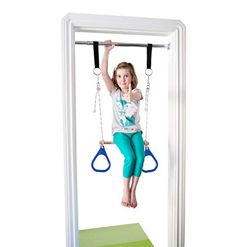 Doorway Swing for Kids Indoor - Trapeze Bar and Blue Gymnastic Rings Combo