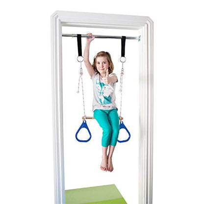 Doorway Swing for Kids Indoor - Trapeze Bar and Blue Gymnastic Rings Combo