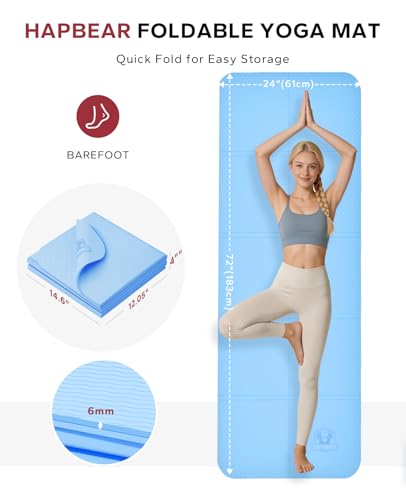 HAPBEAR Foldable Yoga Mat - 72"x24"x0.24" (6mm), Non-Slip TPE Exercise Mat for Home Workout, Yoga, Pilates,Stretching, & Travel, Durable & Eco-Friendly, Includes Carry Bag - color: Blue