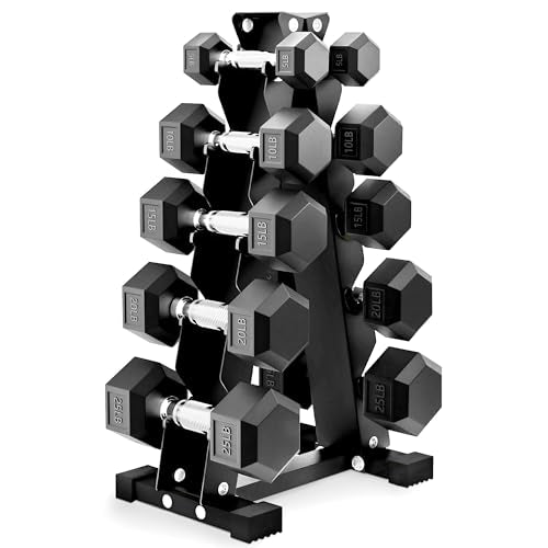 BalanceFrom Rubber Coated Hex Dumbbell Weight Set with Storage Rack, 100LB or 150LB or 200LB Set, 5-20 lbs or 5-25 lbs or 10-30 lbs Pairs