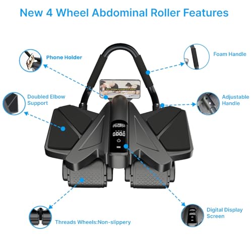 Ab Roller Home Gym Equipment – 4 Wheels Ab Wheel Muscle Roller with Built-in Tracker Ideal Exercise Equipment for Home – Comfortable Elbow Support with Non-Slip Handles – Workout Progress Tracking