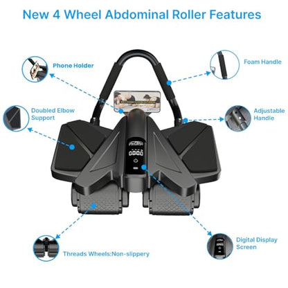 Ab Roller Home Gym Equipment – 4 Wheels Ab Wheel Muscle Roller with Built-in Tracker Ideal Exercise Equipment for Home – Comfortable Elbow Support with Non-Slip Handles – Workout Progress Tracking