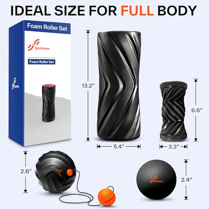 Sportneer 4 in 1 Foam Set, Muscle Relax Kit with 2 Textured Foam Pilates Rollers, Stringed Exercise Ball, Lacrosse Ball for Muscle Shoulder Back Leg Whole Body Relax Fitness Yoga - color: Black
