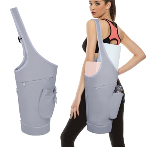 sportsnew Yoga Mat Bag, Large Opening Long Tote Yoga Mat Carrier Holder Bag with Waterproof Wet Pocket and Drawstring Water Bottle Pocket, Adjustable Shoulder Strap Storage Bag, patent pending