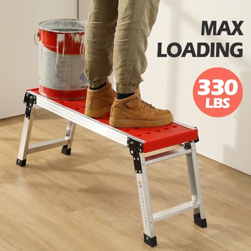 KINGRACK Folding Work Platform, Adjustable Step Ladder with Anti-Slip Feet Cover, Lightweight Stepladder with Safety Lock for Home, Office, Workshop and Garage, Maximum Load 330lbs