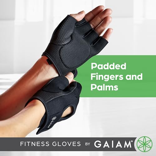 Gaiam Fitness Fingerless Gloves for Weight Training (Black/Black), Padded Palm, Breathable Mesh, Adjustable Velcro Fit & Comfort Grip for Weight Lifting, Workout Gloves for Men & Women - size: Small-Medium