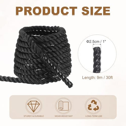 MECCANIXITY Battle Rope 10ft x 1 Inch Polyester Workout Rope Heavy Fitness Exercise Rope for Strength Training Home Gym Muscle Building, Black