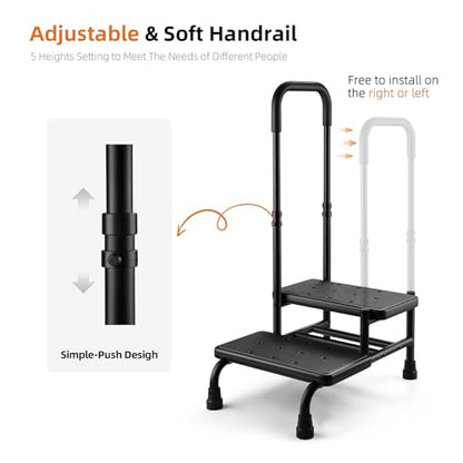 Step Stool with Handle, Non Slip Platform and Adjustable Handrail, Two Step Stool for Ederly, Adults and Handicap, Heavy Duty Foot Stool for High beds, Kitchen, Bathtub