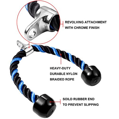 Deluxe Tricep Rope Pull Down Cable, 27 & 36 Inch Rope Length, Easy to Grip & Non-Slip Cable Attachment for Gym Workout Exercise