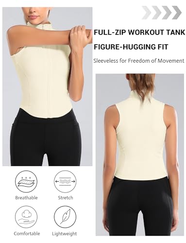 FEOYA Women Sleeveless Athletic Tank Top Shirts Full Zip Up Tshirt for Yoga Running Fitness Exercise - color: Upgrated Beige, size: Medium