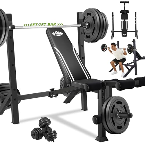 ANCHEER 900LBS Olympic Weight Bench Set with Squat Rack Adjustable Bench Press Bench with Leg Extension & Leg Curl, Incline Decline Flat Foldable Workout Bench for Home Gym(US Stock)