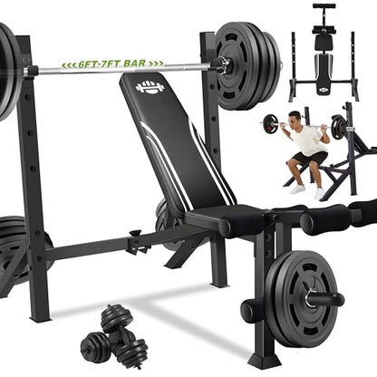 ANCHEER 900LBS Olympic Weight Bench Set with Squat Rack Adjustable Bench Press Bench with Leg Extension & Leg Curl, Incline Decline Flat Foldable Workout Bench for Home Gym(US Stock)