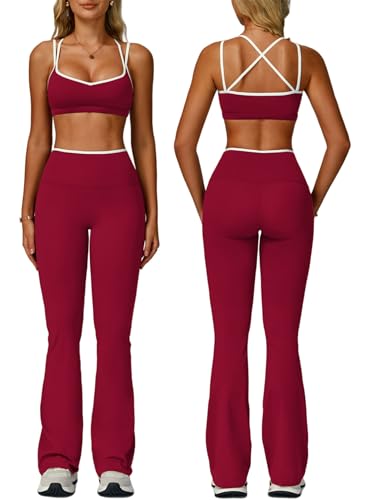 ABOCIW Workout Sets for Women 2 Piece Color Block Strappy Sports Bra High Waist Flare Leggings Gym Yoga Pilates Outfits - color: Cherry Red, size: Large