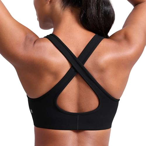 CRZ YOGA Butterlift Deep V Neck Sports Bras for Women - Padded Gym Wide Straps Cut-Out Cross Back Crop Pilates Workout Top