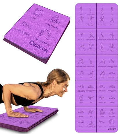 Foldable Thick Yoga Mat with Asanas Poses -Christmas Gifts for Wife and Girls, Non-slip 8mm Thicken Instructional Exercise Mat for Home Workout, 72"x24"x0.3" (Purple) ﻿