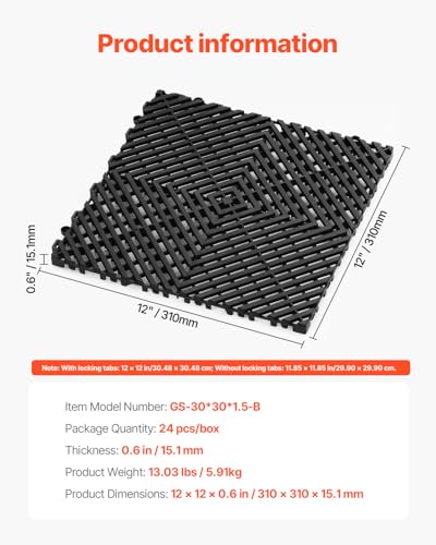 VEVOR Interlocking Drainage Mat, 12” x 12” Modular Interlocking Cushion, 24 Pcs Splicing Drainage Mats, Non-Slip PP Drainage Floor Tile and Shower Mat, for Garage, Garden, Kitchen & Outdoor, Black