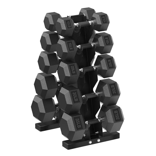 HANDBODE Hex Dumbbell Sets with Rack, 100-165 lb Rubber Encased Dumbbells for Strength Training, Exercise & Fitness, Home Gym Weight Set with Rack - style: 220 lb (10, 15, 20, 30, 35 lb) X 2 & Rack