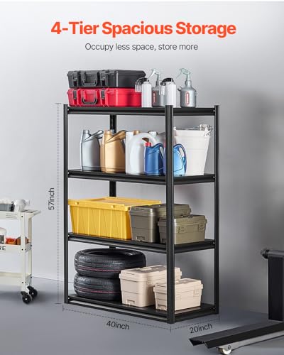 VEVOR Storage Shelves, 2400 lbs, 4 Tier Garage Storage Shelving, 20" D x 40" W x 57" H Adjustable Metal Shelves for Garage Shelves Utility Rack Shelf, Ideal for Kitchen, Warehouse, Basement, Black - size: 20" D x 40" W x 57" H