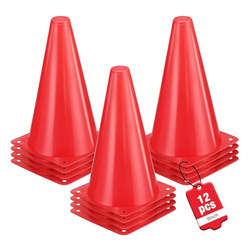 12pcs Cones 9 Inch Soccer Cones and Plastic Traffic Cones, Durable Cones for Sports Training, Ideal for Soccer, Basketball, Football, Skating, and Agility Drills Practice - color: red