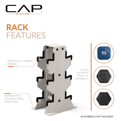 CAP Dumbbell Set with Rack, Rubber Coated Hex Free Weight Set | 100–300 lb Options, Vertical Space-Saving Storage for Home Gym Strength Training - size: 100 lb Set - Light Gray Rack, style: Comfort Handle