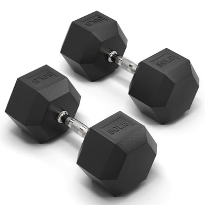 Mikolo Dumbbell Sets with Rack, Rubber Hex Dumbbells, Multiple Choices in 160/200/380/450/550LB, Hand Weights with Chrome Handle for Strength Training - style: 50LB PAIR