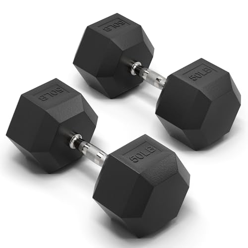 Mikolo Dumbbell Sets with Rack, Rubber Hex Dumbbells, Multiple Choices in 160/200/380/450/550LB, Hand Weights with Chrome Handle for Strength Training - style: 50LB PAIR