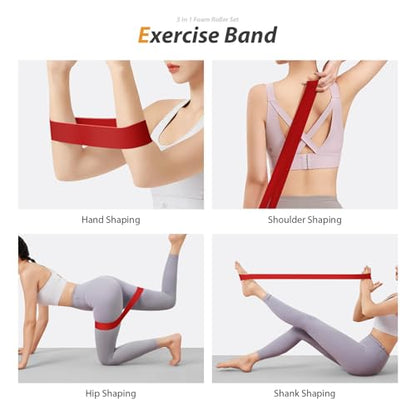 5 in1 Foam Roller Set, Trigger Point Foam Roller, Massage Roller Stick, Massage Ball, Resistance Band for Deep Muscle Massage Pilates Yoga,Fitness Exercise for Whole Body (Black-Red) - color: Black-red